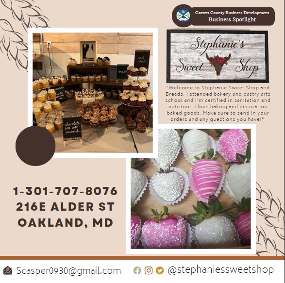 Business Spotlight 
Stephanie's Sweet Shop
Todays Business Spotlight 🧁 is on Stephanies Sweet Shop!
Visit them at https://www.facebook.com/SweetShopandBreads
Follow us to see more daily Garrett County Business Spotlights!
If you are interested in having your business featured contact Connor Norman at cnorman@garrettcounty.org.
